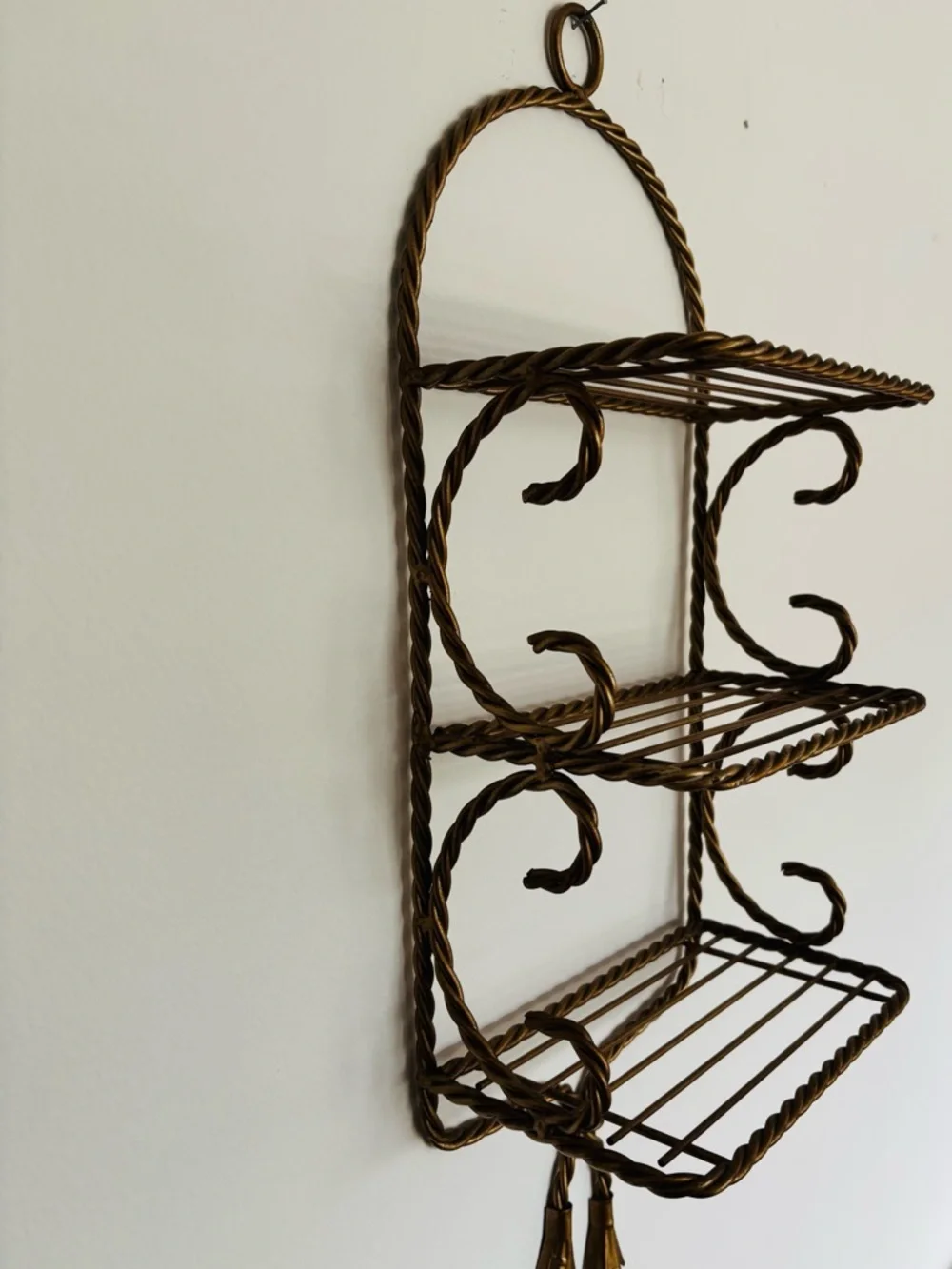 3 Tiered Hollywood Regency Gold-Tone Twisted Rope Wall Shelf 21inches High